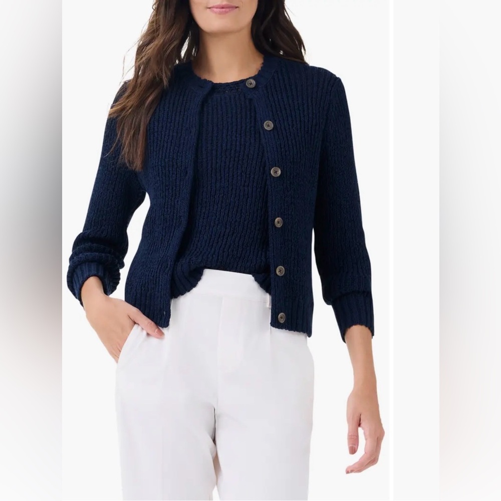 NIC + ZOE Round Neck Button Up Cardigan In Dark Indigo